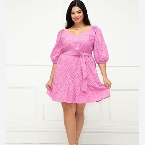 NWT ELOQUII Elements Eyelet Dress Plus Size 18 Belted Pink Puff Elbow Sleeves